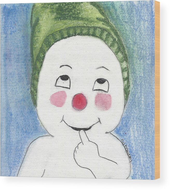Snowman Wood Print featuring the painting Jacques Frost Snowman with Rosy cheeks and a Green Toboggan by Ali Baucom