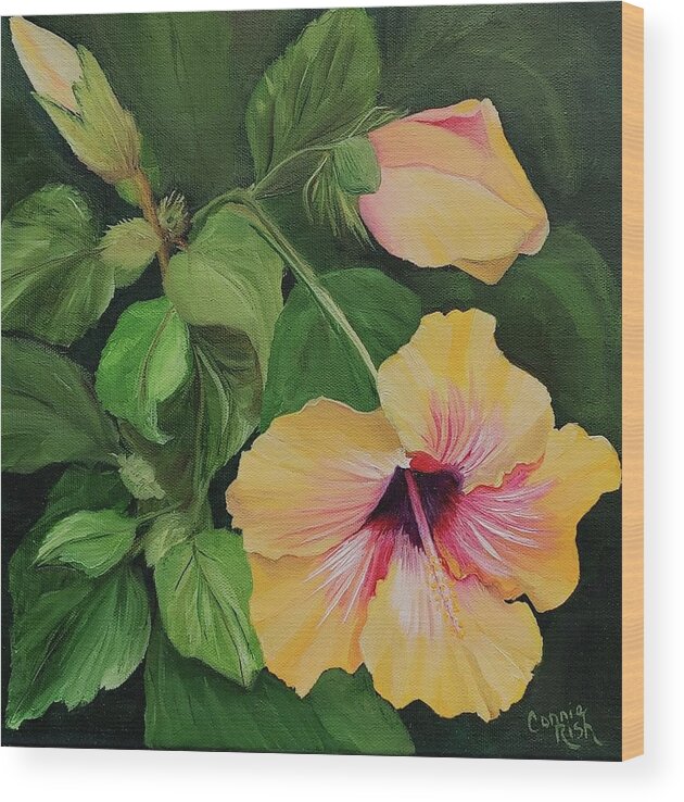 Yellow Hibiscus Wood Print featuring the painting Jamie's Hibiscus by Connie Rish