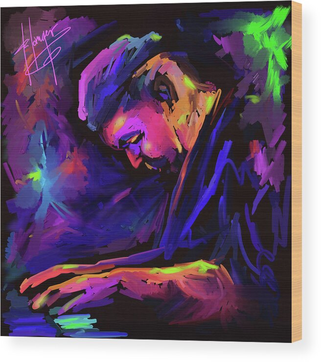 Dave Frank Wood Print featuring the painting Jazz Monster Dave Frank by DC Langer