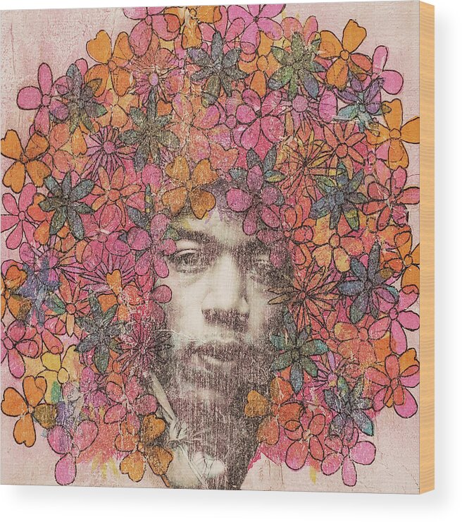 Jimi Hendrix Wood Print featuring the painting JIMI HENDRIX Flower Child Abstract by Lynnie Lang