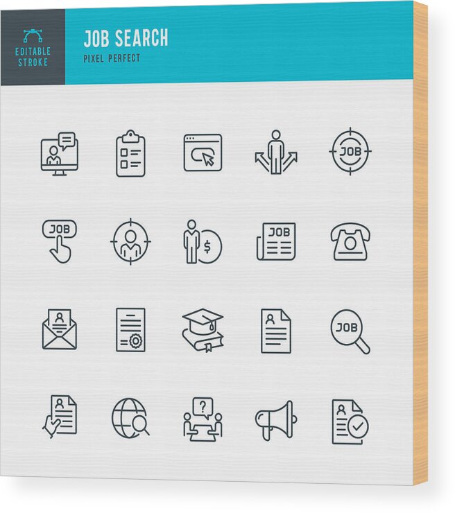 Education Wood Print featuring the drawing Job Search - thin line vector icon set. Pixel perfect. Editable stroke. The set contains icons: Job Search, Job Listing, Job Interview, Diploma, Education, Application Form, Web Page, Resume, Wages. by Fonikum