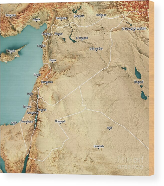 Jordan Wood Print featuring the digital art Jordan Syria 3D Render Topographic Map Color Border Cities by Frank Ramspott
