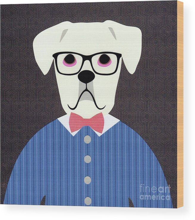 Paper Art Wood Print featuring the mixed media Just Paper Boxer Dog with Bow Tie by Donna Mibus