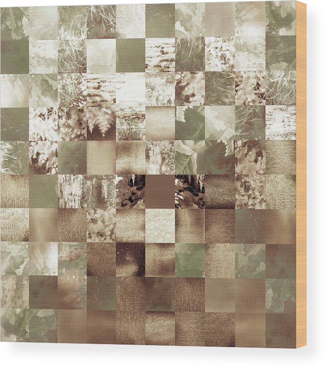 Quilt Wood Print featuring the painting Khaki Gray Beige Watercolor Squares Art Mosaic Quilt by Irina Sztukowski