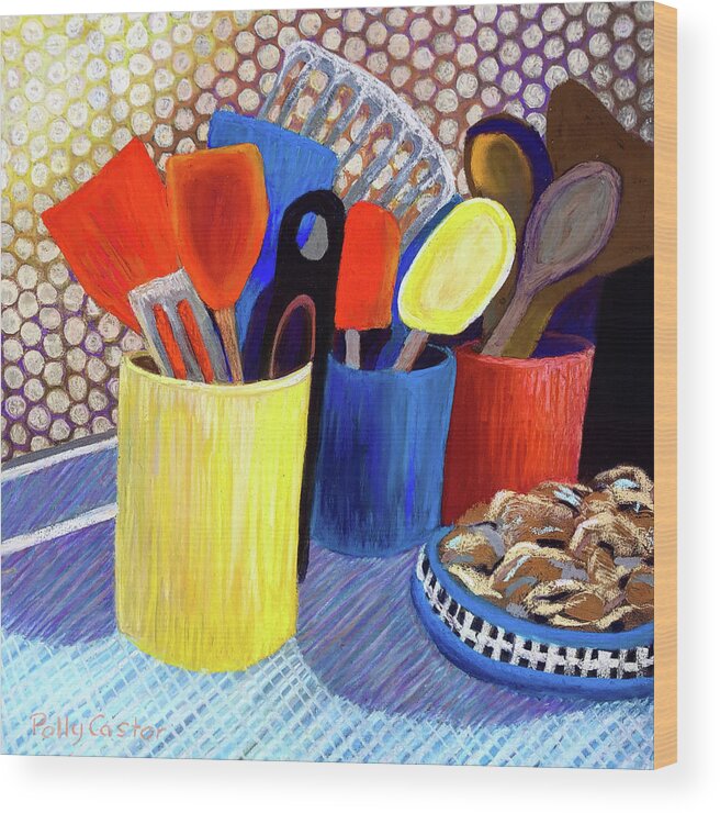 Still Life Wood Print featuring the painting Kitchen Utensils by Polly Castor