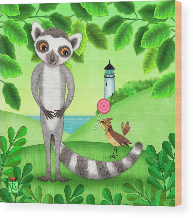 Cute Wood Print featuring the digital art L is for Lemur, Lark and Lollipop by Valerie Drake Lesiak