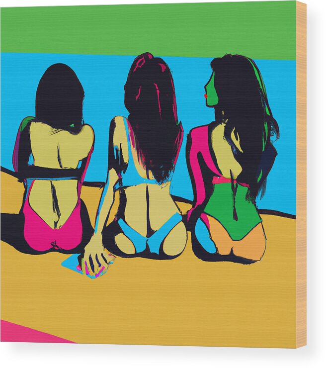 Ladies Wood Print featuring the digital art Ladies on the Beach by Dan Twyman