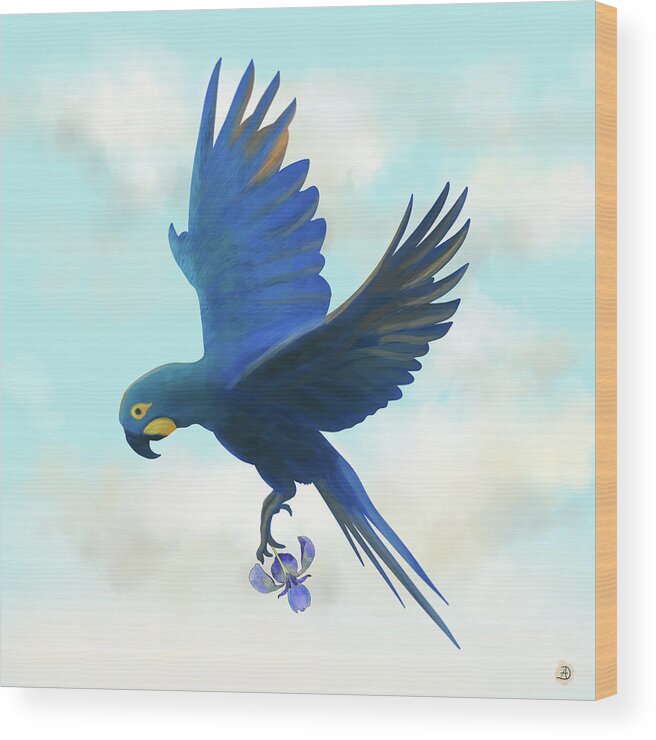 Blue Macaw Wood Print featuring the digital art Lear's Macaw with an Orchid by Andreea Dumez