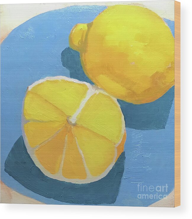 Lemon Wood Print featuring the painting Lemons on Blue by Anne Marie Brown