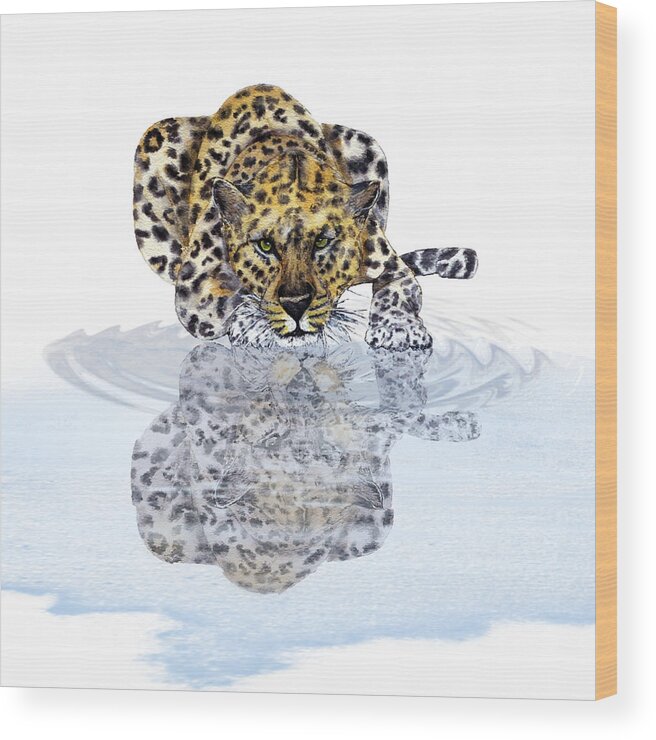 Leopard Wood Print featuring the mixed media Leopard's Reflection - Minimalism by Kelly Mills