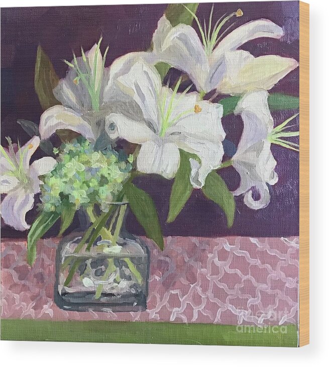 Lily Wood Print featuring the painting Lillies on Pink by Anne Marie Brown