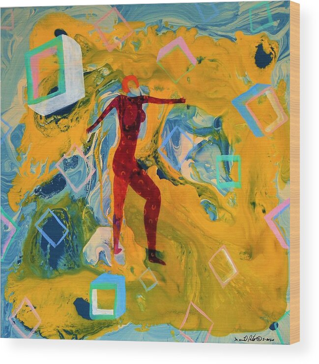 Lilly Romantic Model Nude Abstract Hollows Squares Posing Walking Designs Patterns Yellow Blue Orange Hair Arms Legs Stance Fantasy See-thru Performing Performance Solo Erotic Imagination Wood Print featuring the painting Lilly by David MINTZ