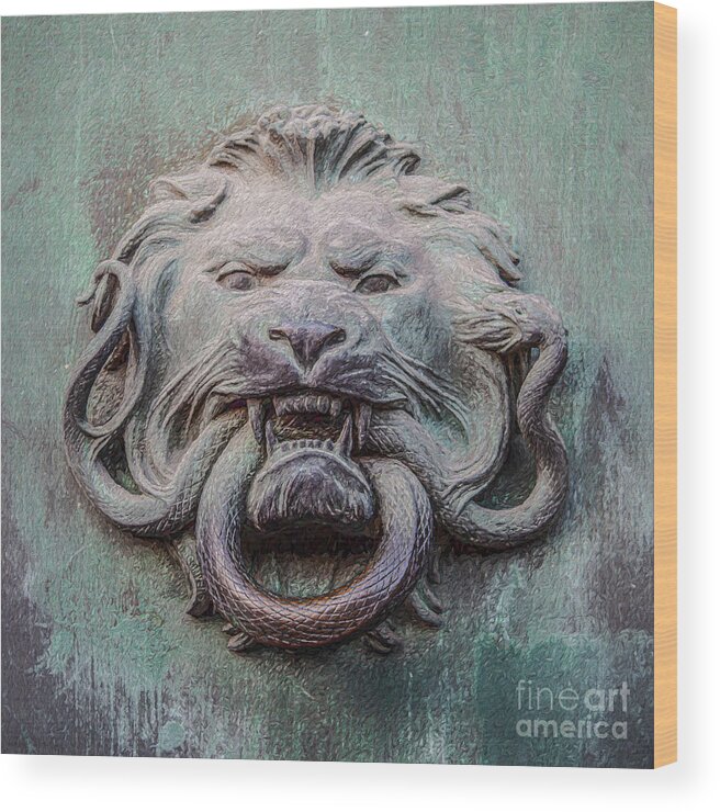 Door Knocker Wood Print featuring the digital art Lion and snake by Liz Leyden