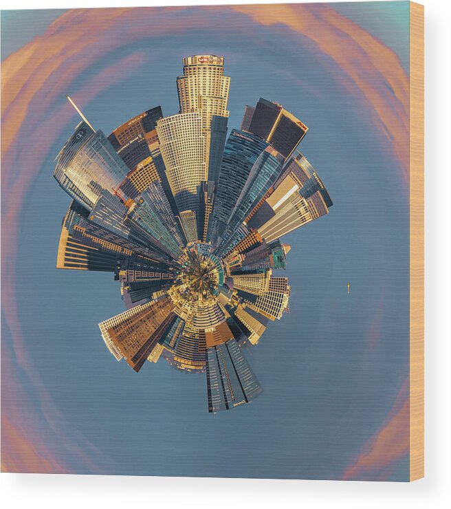 Little Planet Wood Print featuring the photograph Little Planet LA Skyline at Sunset by Lindsay Thomson
