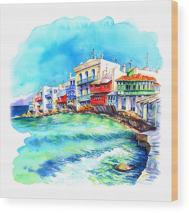 Little Venice Wood Print featuring the painting Little Venice on Island Mykonos by Miki De Goodaboom