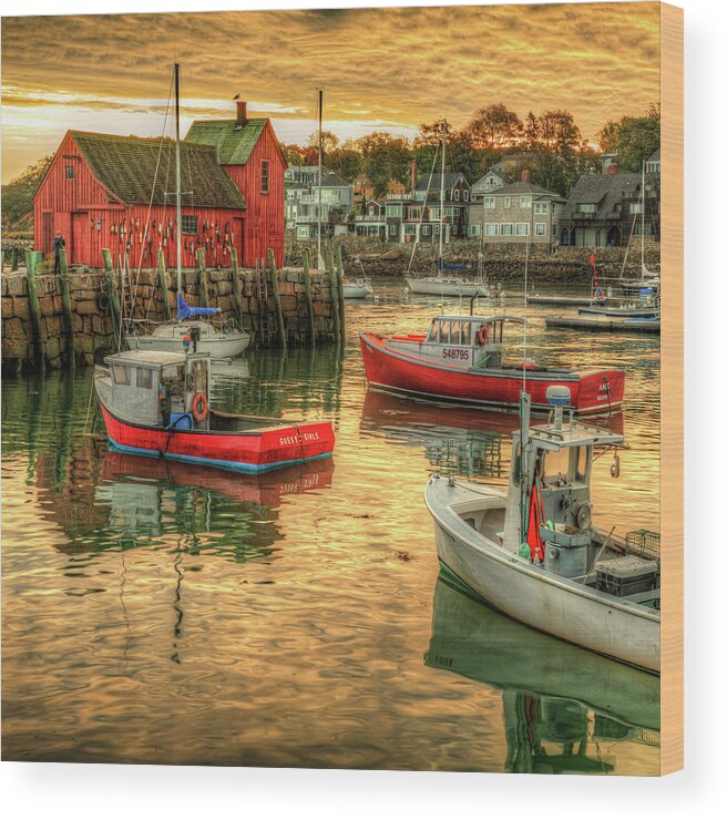 Motif 1 Sunrise Wood Print featuring the photograph Lobster Boats and Rockport's Motif #1 Fishing Shack 1x1 by Gregory Ballos