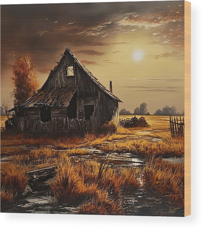 Old Barn Wood Print featuring the painting Lonesome Shack Under the Moon by Lourry Legarde