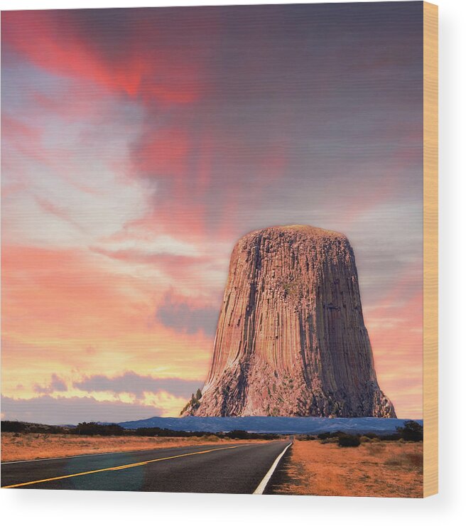 Long Road To Devils Tower Wood Print featuring the mixed media Long Road to Devils Tower Sunset by Bob Pardue