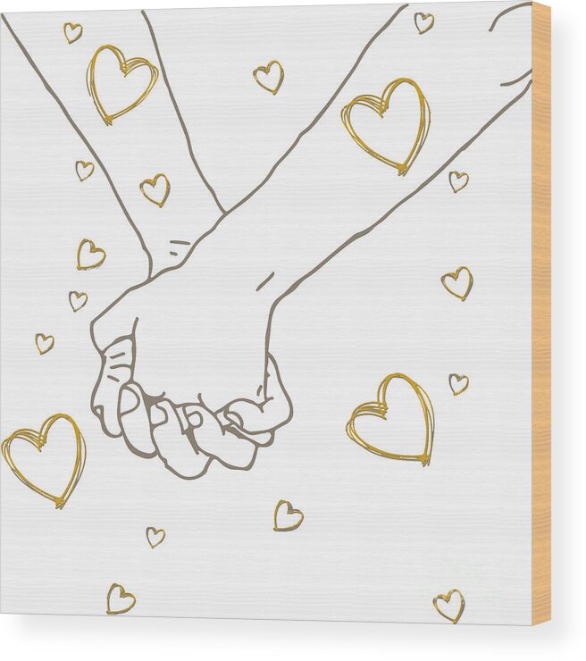Romantic Holding Hands Outline Drawing Loving Couple On Wood Print