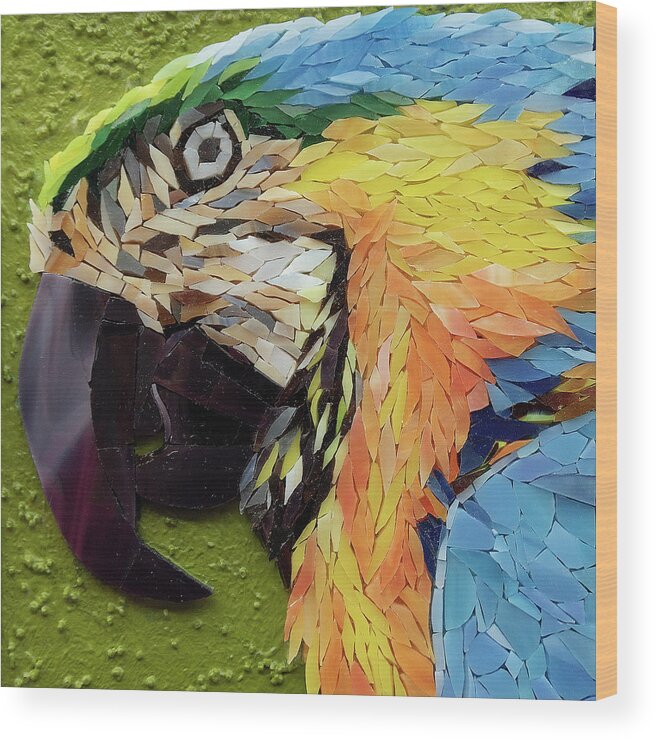 Macaw Wood Print featuring the glass art Mackey the Blue and Yellow Macaw by Adriana Zoon