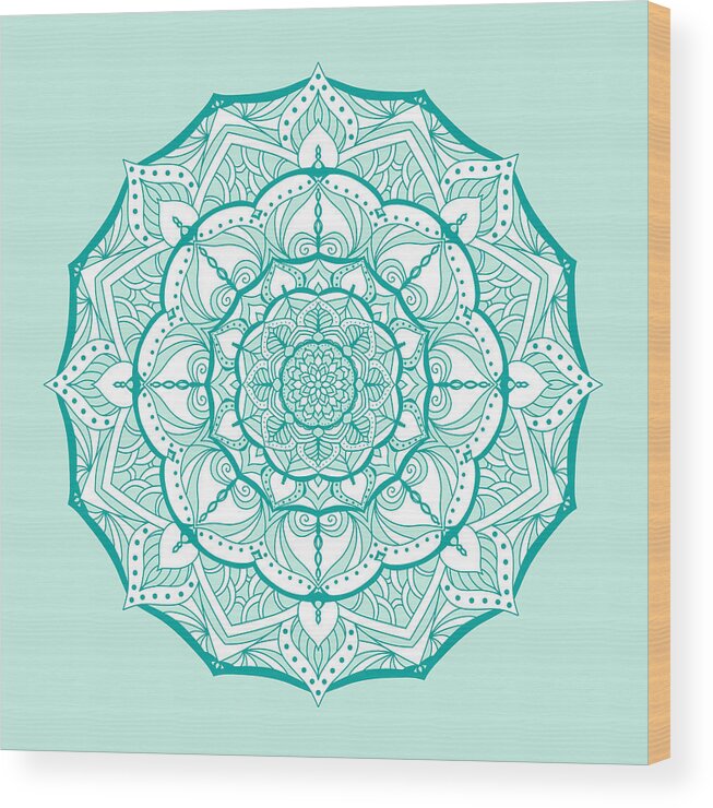 Mandala Wood Print featuring the digital art Mandala Minty Bloom by Angie Tirado