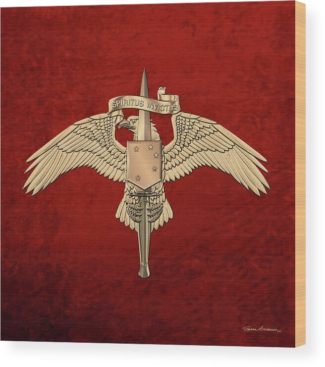 Military Insignia & Heraldry Collection By Serge Averbukh Wood Print featuring the digital art Marine Special Operator Insignia - USMC Raider Dagger Badge over Red Velvet by Serge Averbukh