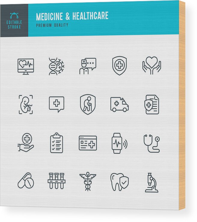 Ambulance Wood Print featuring the drawing Medicine & Healthcare - vector line icon set. Editable Stroke. Perfect Pixels. Medicine, Insurance, Pregnancy, Ambulance car, Caduceus, by Fonikum