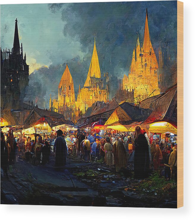 Medieval Wood Print featuring the painting Medieval Fantasy Town, 07 by AM FineArtPrints