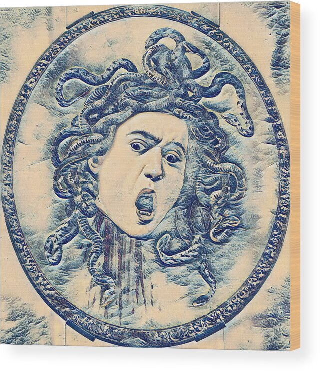 Medusa Wood Print featuring the digital art Medusa by Caravaggio in the style of the Great Wave off Kanagawa - digital recreation by Nicko Prints