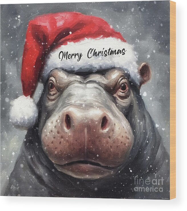 Christmas Wood Print featuring the painting Merry Christmas Hippopotamus by Tina LeCour