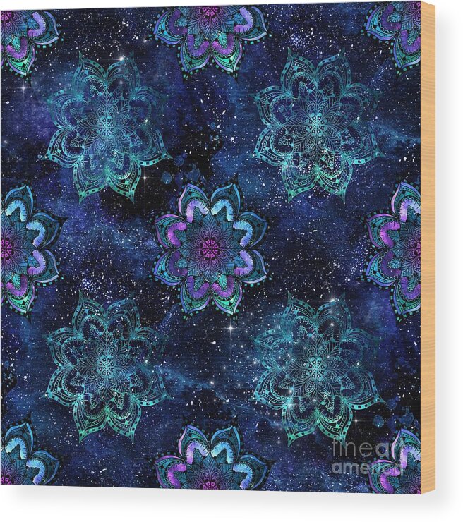 Watercolor Wood Print featuring the digital art Metana - Colorful Blue Watercolor Mandala Galaxy Dharma Pattern by Sambel Pedes