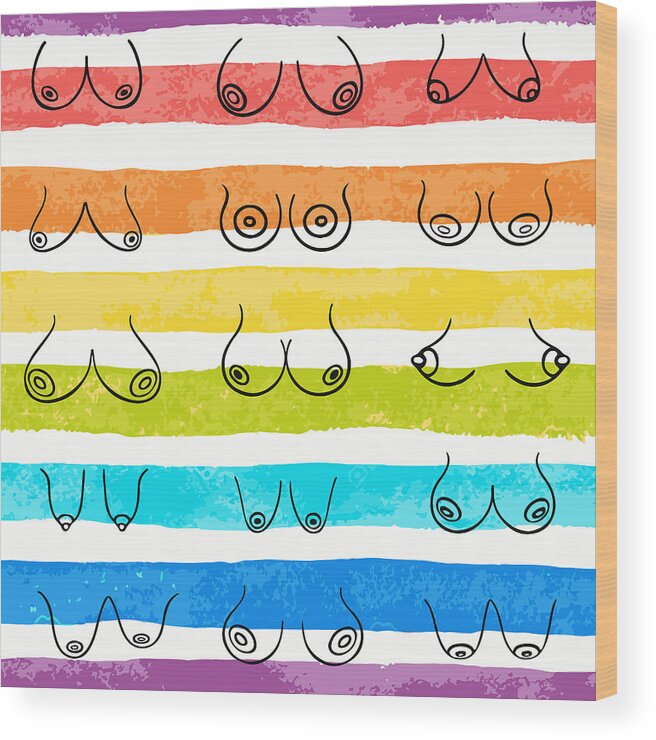Minimal female breast size feminine body front view different boobs form  Watercolor rainbow stripes Wood Print by Mounir Khalfouf - Fine Art America