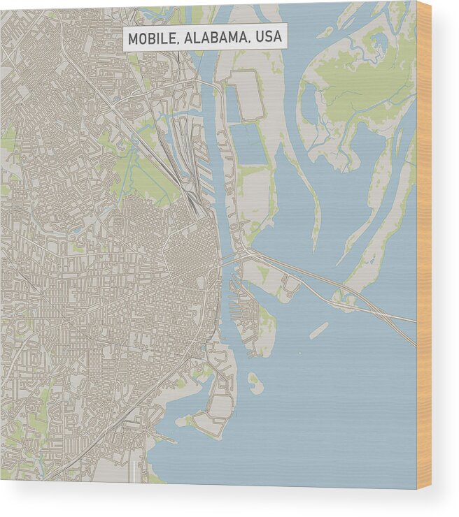 Downtown District Wood Print featuring the drawing Mobile Alabama US City Street Map by FrankRamspott