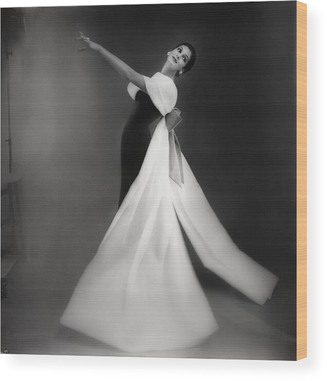Black And White Wood Print featuring the photograph Model Carmen Dell'Orefice in Black and White Ball Dress by Roger Prigent