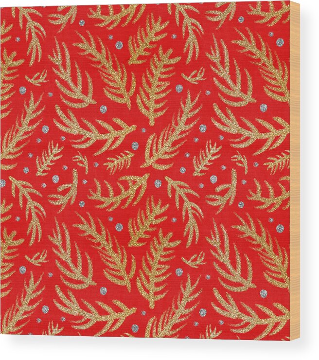 Botanical Wood Print featuring the painting Modern Red and Gold Glitter Holiday Botanical Pattern - Art by Jen Montgomery by Jen Montgomery