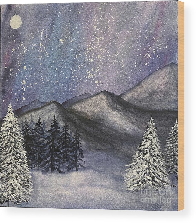 Mountains Wood Print featuring the painting Moonlit Mountains by Lisa Neuman