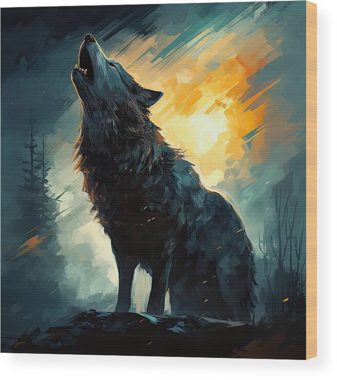 Wolf Art Wood Print featuring the painting Moonlit Wolf - Wolf Painting by Lourry Legarde