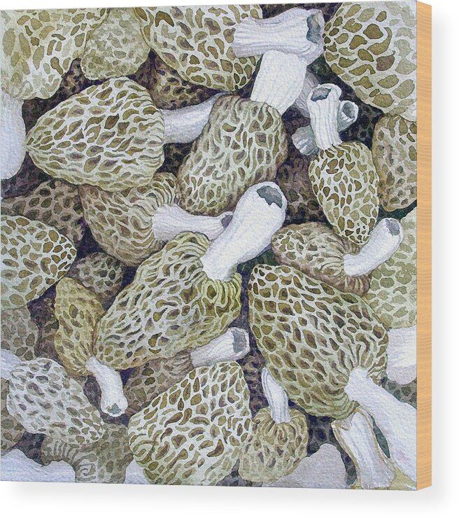 Morels Wood Print featuring the painting Morel Dilemma I by Helen Klebesadel