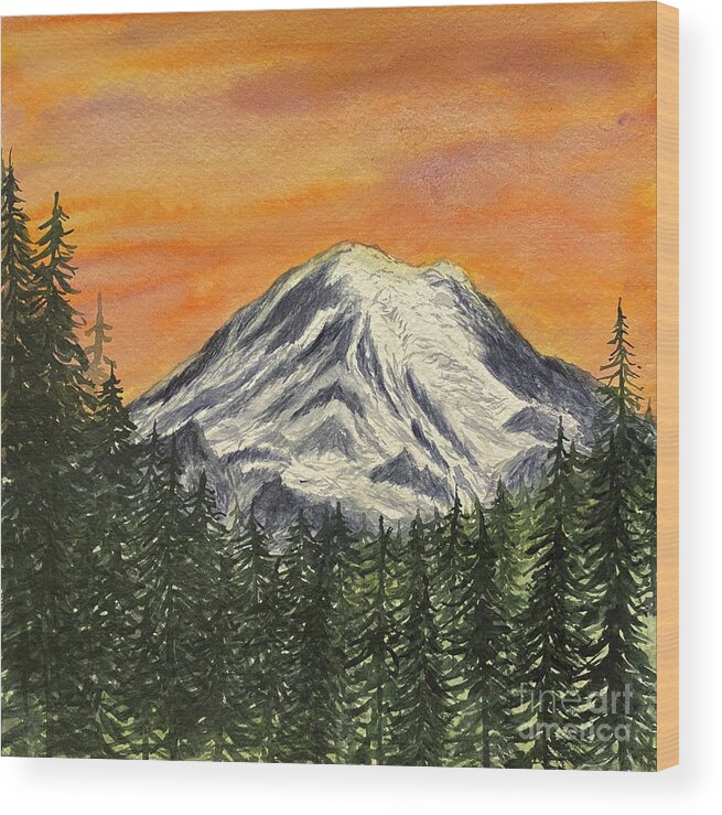 Mount Rainier Wood Print featuring the painting Mount Rainier at Sunset by Lisa Neuman