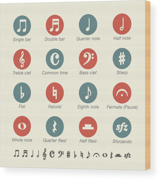 Coin Wood Print featuring the drawing Musical Note Icons - Color Series by Rakdee