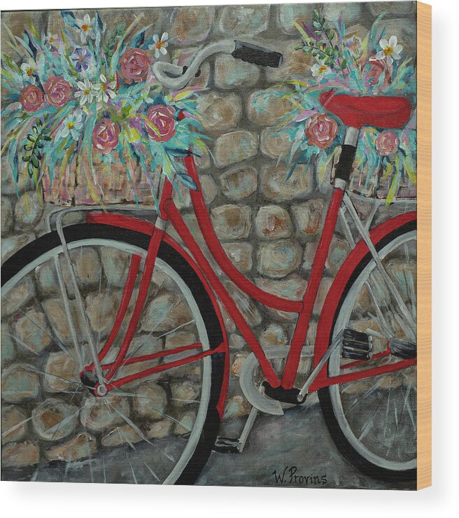 Bicycle Wood Print featuring the painting My Crimson Ride by Wendy Provins