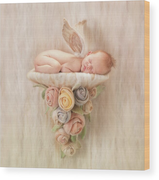 Angel Wood Print featuring the photograph Newborn Angel with Roses by Anne Geddes