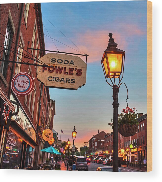 Newburyport Wood Print featuring the photograph Newburyport MA High Street Lanterns at Sunset Fowle's Square by Toby McGuire