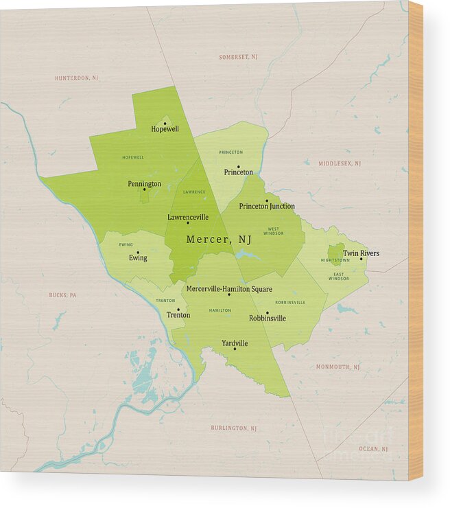 County Wood Print featuring the digital art NJ Mercer County Vector Map Green by Frank Ramspott