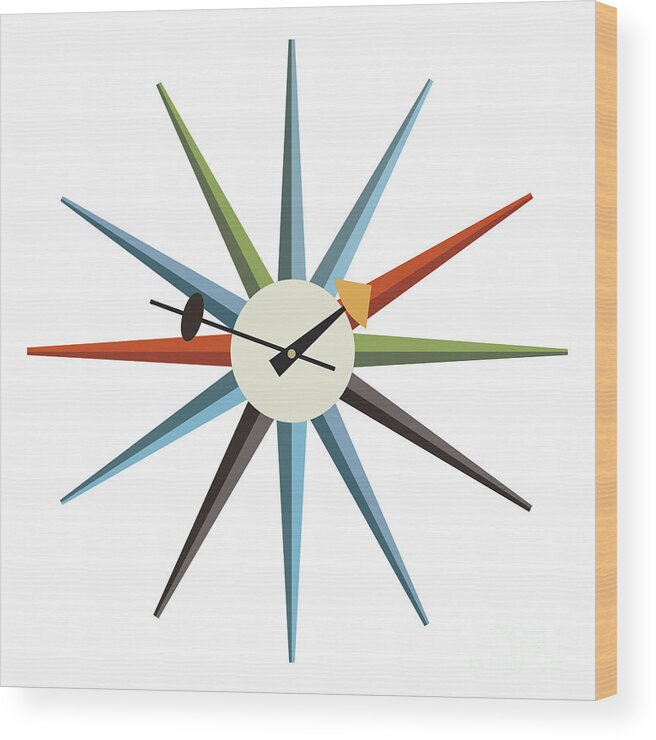 Mid Century Modern Wood Print featuring the digital art No Background Starburst Clock 1 by Donna Mibus
