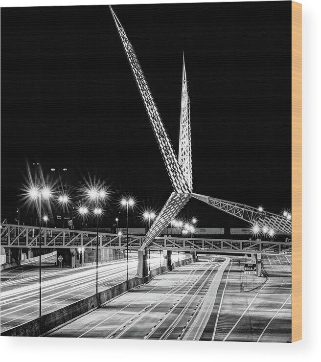 Skydance Bridge Wood Print featuring the photograph Oklahoma City Skydance Bridge - BW Monochrome 1x1 by Gregory Ballos