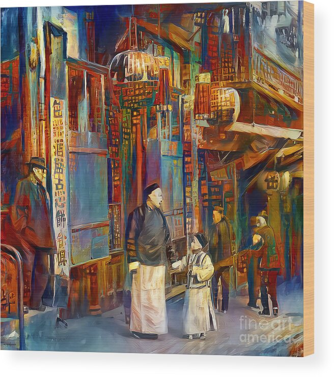Wingsdomain Wood Print featuring the photograph Old San Francisco Chinatown Father and Son Painterly Art 20210722 squareArt 2021072 by Wingsdomain Art and Photography