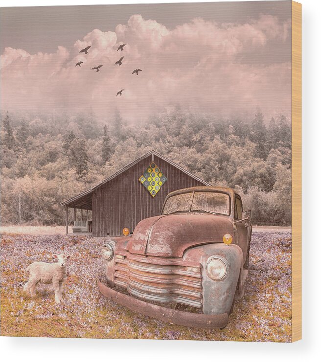 Barn Wood Print featuring the photograph Old Truck in the Fog on the Farmhouse by Debra and Dave Vanderlaan