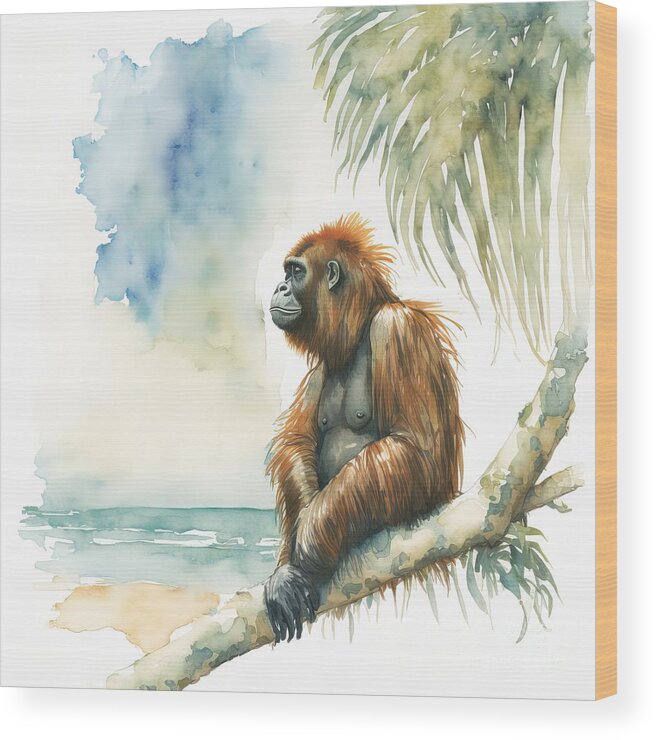 Wild Wood Print featuring the painting Orangutan At Beach by N Akkash