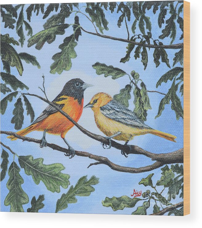 Birds Wood Print featuring the painting Oriole Birds on White Oak Tree by Aicy Karbstein